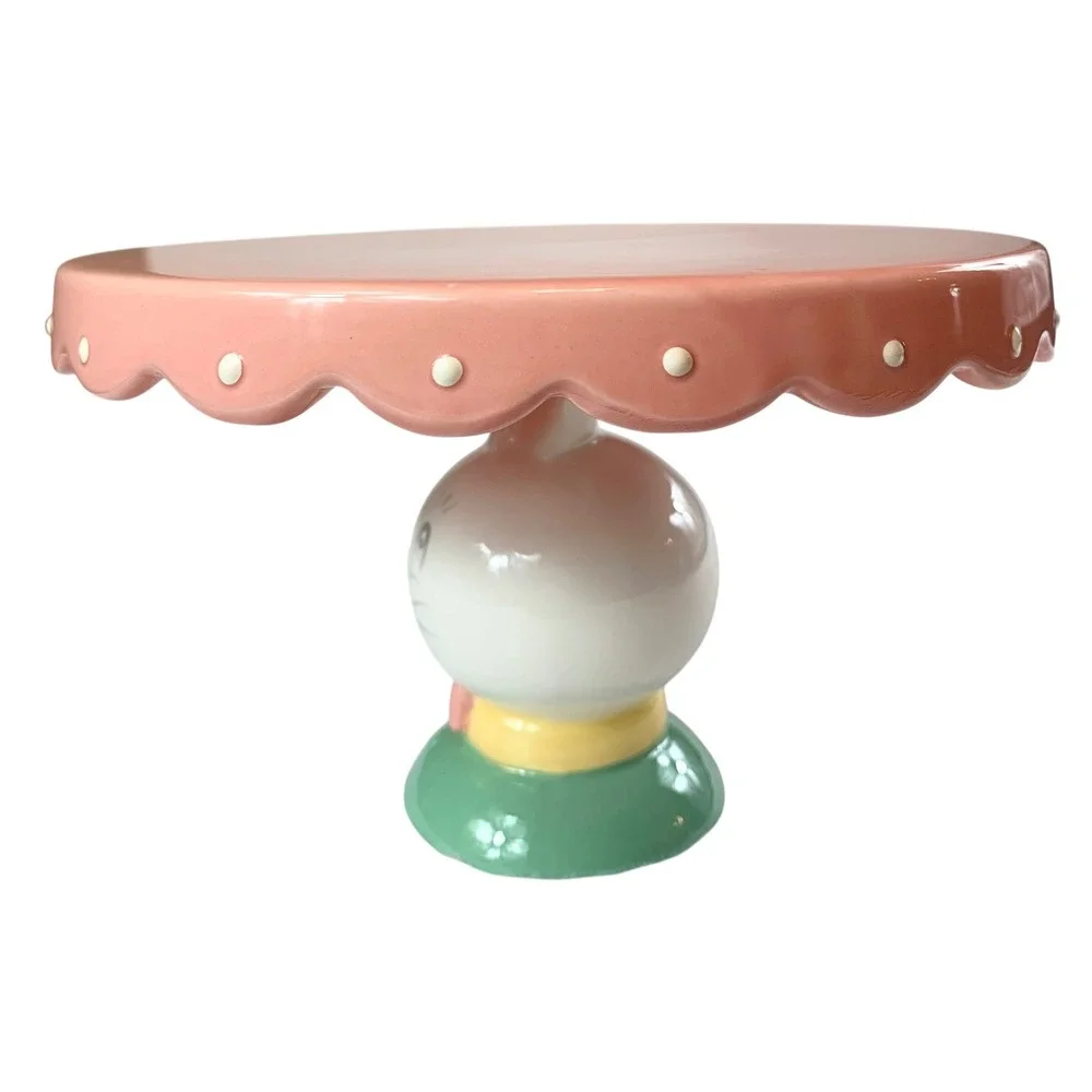 Johanna Parker Transpac Easter Bunny Cupcake Stand Pink Scalloped Ceramic 8 Inch